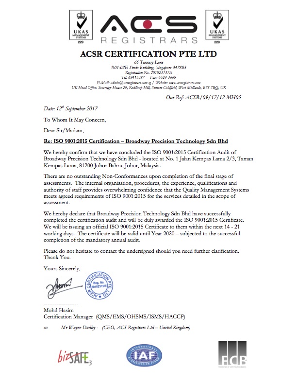 ACSR Certification Broadway Precision Technology Sdn Bhd